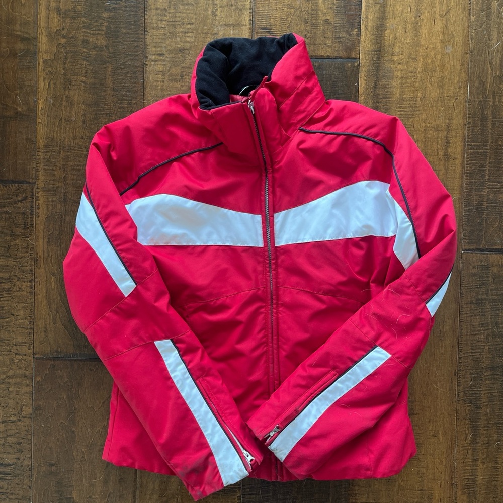 NILS red and white women’s ski jacket with black piping, size 12